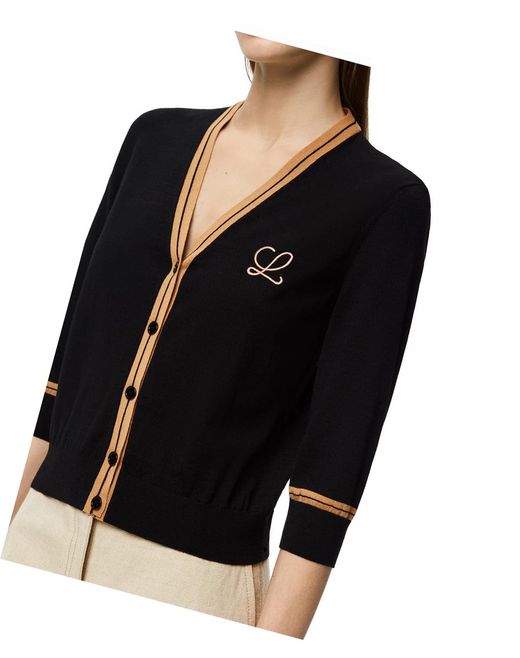 Loewe LOEWE cropped cardigan in wool Black / Beige | QY9405782