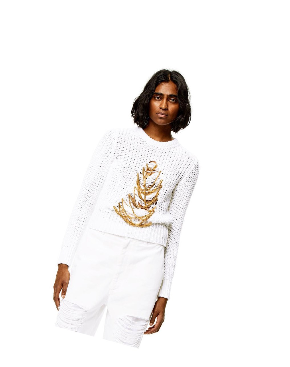 Loewe Ripped chain sweater in hem and linen Soft White | DM8915743