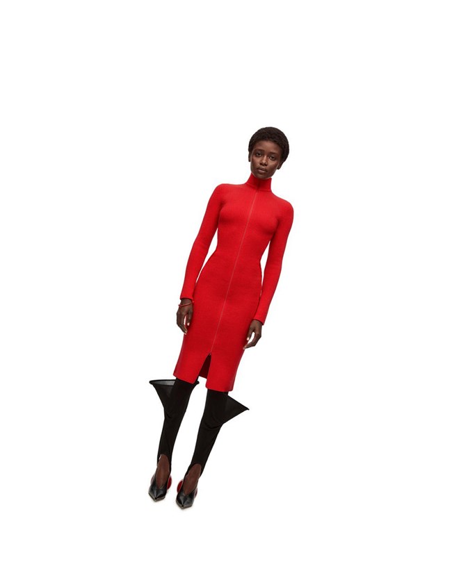 Loewe Zip up midi dress in wool Vermillion | WC9380462